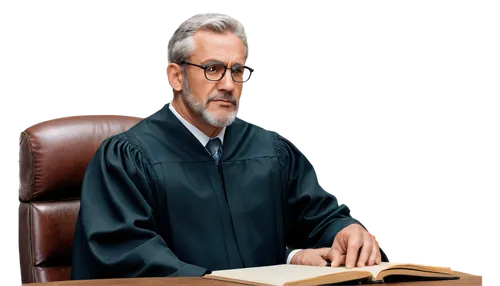 Judge, judicial robes, mature male, serious expression, glasses, grey hair, beard, courtroom setting, wooden desk, leather chair, law books, gavel, solemn atmosphere, soft lighting, 3/4 composition, s