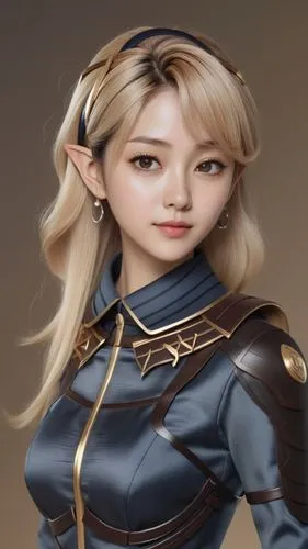 elf woman face model, suit,, angular cheekbones,  Strong and angular mandibule, smile,concept of asian elf woman in blue suit,zuoyun,yuanji,sophitia,anduin,elf,elona,Unique,3D,3D Character