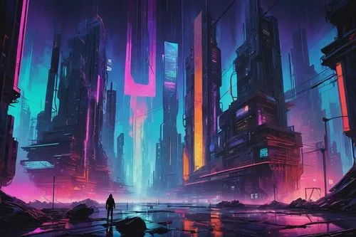 futuristic landscape,cityscape,cybercity,cyberpunk,fantasy city,colorful city,metropolis,cyberia,cyberworld,cybertown,vast,synth,rift,fantasy landscape,cyberscene,kinkade,destroyed city,ancient city,dystopias,citadel,Illustration,Vector,Vector 07