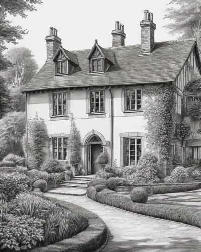 Pencil sketch of a country house in the Tudor style. House in the garden. nostalgic, black and white ,house drawing,country house,country estate,elizabethan manor house,country cottage,lincoln's cotta