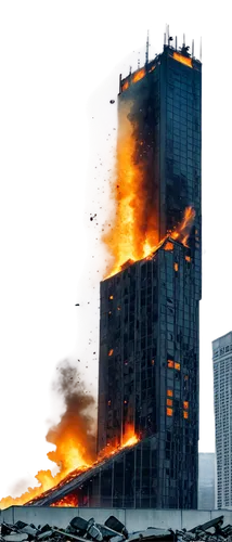 Big explosion, dynamic movement, shockwave, debris flying everywhere, orange-yellow flames, dark smoke rising, cityscape in background, modern skyscraper, concrete rubble, shattered glass, 3/4 composi