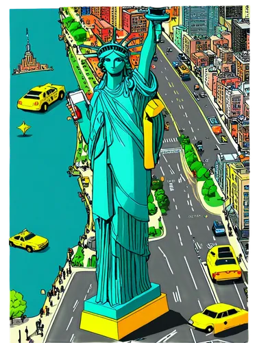 Cartoon New York City map, colorful buildings, simplified skyscrapers, bold outlines, vibrant colors, iconic landmarks, Statue of Liberty, Central Park, Times Square, Brooklyn Bridge, yellow cabs, hot