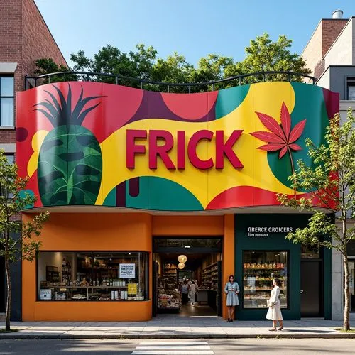 Vibrant grocery store facade, bold expressionist architecture, curved lines, abstract shapes, bright color palette, dynamic forms, irregular rhythms, playful typography, oversized signage, ornate meta