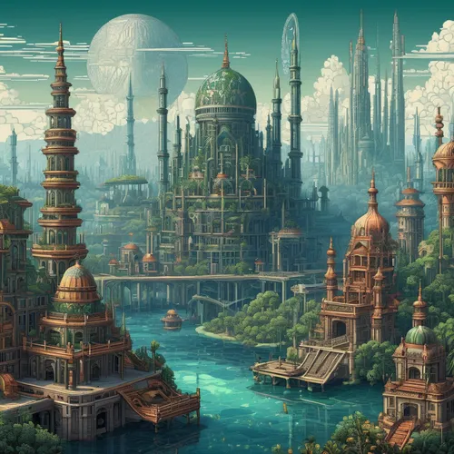 ancient city,futuristic landscape,fantasy city,fantasy landscape,city cities,fantasy world,artificial island,imperial shores,artificial islands,fantasy art,cityscape,futuristic architecture,alien world,sci fiction illustration,alien planet,destroyed city,terraforming,floating islands,metropolis,cities,Illustration,Retro,Retro 24