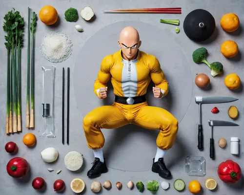 realistic onepunchman Saitama squats,actionfigure,action figure,chef,food icons,marzipan figures,food collage,miniature figures,men chef,cutting vegetables,3d figure,cooking book cover,food styling,su