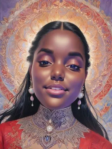 maraj,yogananda,oshun,afrofuturism,azealia,baoshun,fantasy portrait,jaya,kelefa,mahdawi,mystical portrait of a girl,shekhinah,sacred art,vrih,binti,bjork,erykah,tretchikoff,celestial,nubia