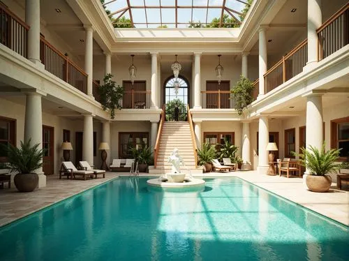 Elegant swimming pool, symmetrical composition, neoclassical architecture, ornate fountains, grand staircases, marble flooring, classical columns, arches, domed ceilings, crystal chandeliers, luxuriou