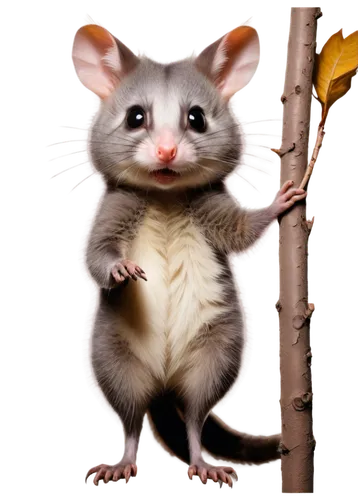 Possum, furry, nocturnal marsupial, standing upright, bushy tail, pointed snout, large eyes, grey and white fur, claws visible, leaves or branches nearby, warm lighting, shallow depth of field, cinema