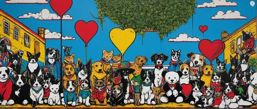 A heart for animals in a loving family,kennel club,dog street,animal balloons,color dogs,mural,dog illustration,cão da serra de aires,animal train,popart,a heart for animals,pop art background,animal 