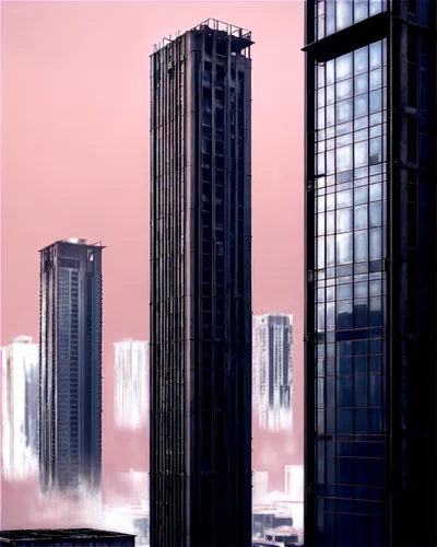 cityscape, skyscraper, modern architecture, glass windows, steel frames, concrete pillars, morning mist, soft sunlight, panoramic view, cinematic composition, shallow depth of field, warm color tone.,