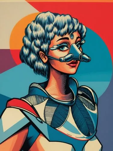 a painting of a woman with a weird nosepiece on her nose,retro woman,comic halftone woman,chirico,art deco woman,retro girl,pop art woman,Conceptual Art,Sci-Fi,Sci-Fi 06