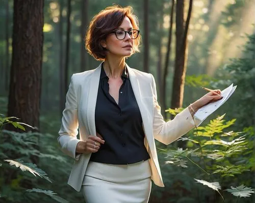 Middle-aged, mature lady, architectural designer, standing, forest surroundings, tall trees, subtle sunlight filtering through leaves, gentle rustling of foliage, messy bob haircut, black-rimmed glass