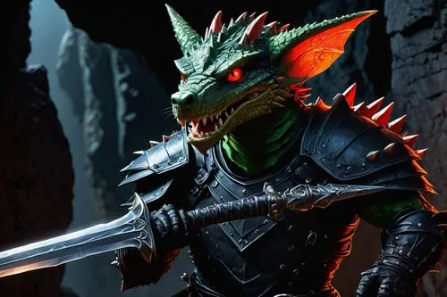 Muscular kobold, male, green scaly skin, sharp teeth, glowing red eyes, spiky ears, black leather armor, silver sword, cave environment, dim torch lighting, rocky walls, ancient ruins, mysterious atmo