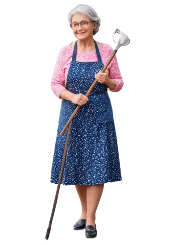 Older woman, granny, solo, (60yo), wrinkles, gray hair, reading glasses, warm smile, floral dress, apron, holding walking stick, gentle posture, soft focus, natural lighting, 3/4 composition, shallow 