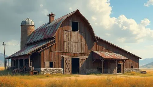 Rustic barn, weathered wood planks, distressed metal accents, corrugated roofing, vintage agricultural equipment, earthy tones, natural stone foundations, wooden sliding doors, hayloft windows, asymme