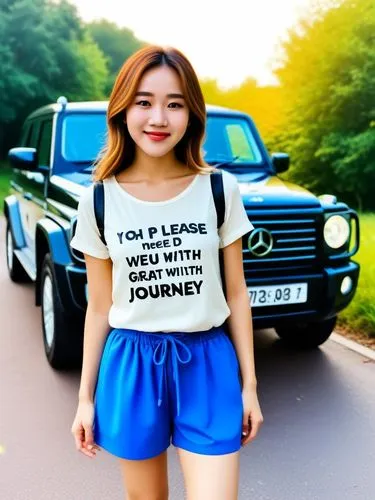 Oh please, I need you to take me with you on your great journey!,a young asian girl poses near a mercedes benz vehicle,jimny,esna,hyoty,geely,landrover,trabant