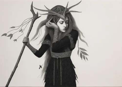 the painting shows a woman holding a stick, with her head covered in leaves,kayako,lenore,dollmaker,the witch,nephthys,oryxes,Illustration,Black and White,Black and White 09