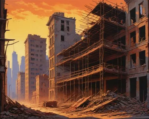 destroyed city,schuiten,schuitema,post-apocalyptic landscape,post apocalyptic,apocalyptic,sedensky,hashima,gunkanjima,razed,demolition,varsavsky,city in flames,destruction,demolition work,norilsk,postapocalyptic,devastations,jablonsky,kurilsk,Art,Classical Oil Painting,Classical Oil Painting 14