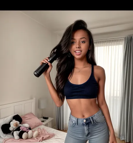 A sexy 19-year-old girl.  She is holding a dildo in her hand in a room in a simple apartment building.  She wears jeans with an open button on the pants and a tank top.  She wears flip flops.  She pla