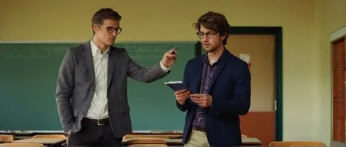 Middle-aged, male, architecture teacher, Charter High School, modern building, urban setting, standing, lecturing, whiteboard marker, glasses, short brown hair, casual wear, blazer, dress shirt, dark 