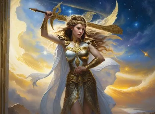 a beautiful lady in a gold armor with a star in her hand,zodiac sign libra,sigyn,goldmoon,estess,frigga,priestess,Illustration,Realistic Fantasy,Realistic Fantasy 03