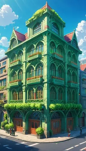 apartment building,apartment house,grand hotel,apartment block,an apartment,beautiful buildings,french building,mansard,highstein,apartment complex,sky apartment,colorful facade,machico,auberge,shared apartment,ghibli,apartments,watercolor tea shop,luxury hotel,crooked house,Illustration,Japanese style,Japanese Style 03