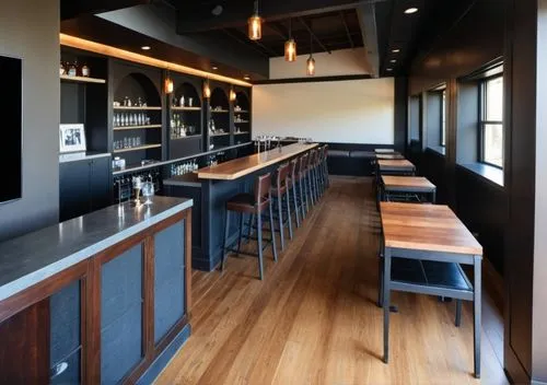 A friendly neighborhood bar, dark concrete flooring, televisions, copper countertops,an empty restaurant with black counter tops and bars,taproom,bar counter,bar,brewpub,wine bar,brewhouse,Photography