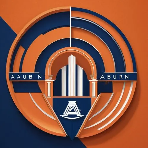 Auburn University College of Architecture Design and Construction logo, circular shape, bold font, orange and blue color scheme, modern design, 3D effects, metallic texture, intricate details, archite