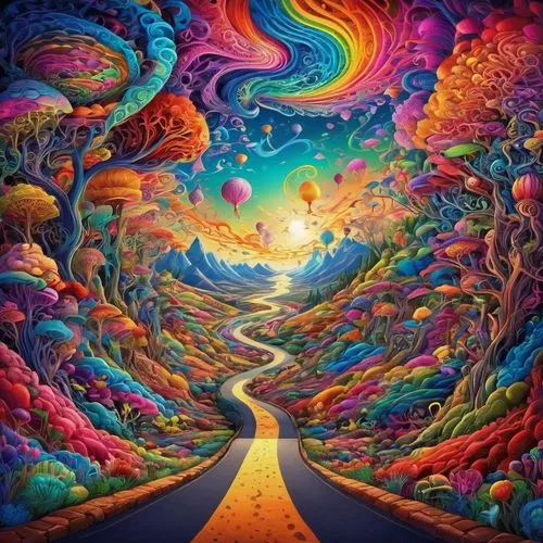 psychedelic art,lsd,the mystical path,psychedelic,trip computer,the road,road of the impossible,the path,tapestry,dimensional,the way of nature,pathway,the way,flow of time,the road to the sea,acid,heaven gate,rainbow world map,winding road,colorful spiral,Illustration,Realistic Fantasy,Realistic Fantasy 39