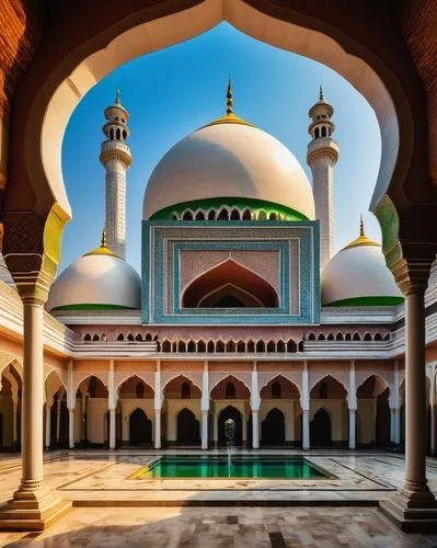 Mosque, Bangladesh, Islamic architecture, intricate arches, dome-shaped roof, minaret tower, geometric patterns, ornate decorations, golden accents, grand entrance, marble floors, prayer hall, mihrab 