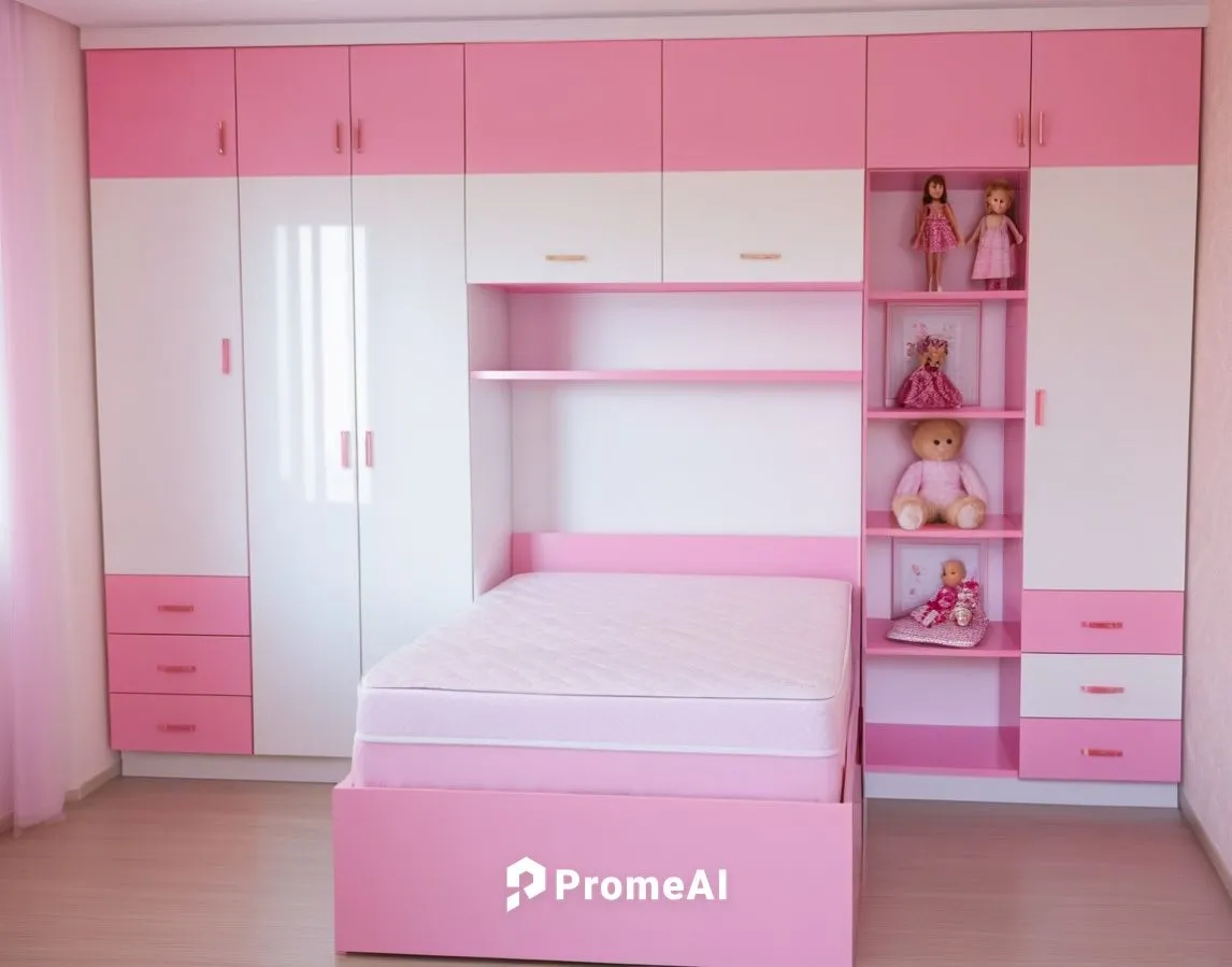 Dormitorio para niña, con closet color rosado y blanco y cama con repisa para muñecas,the little girl's room,baby room,children's bedroom,quarto,schrank,wardrobes,doll house,bedrooms,kids room,walk-in