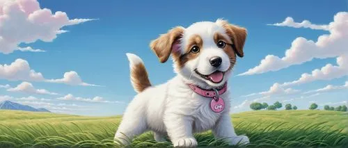 cute, cartoonish, white puppy, plucky paws, standing, front paw raised, fluffy fur, pink nose, floppy ears, big brown eyes, shiny collar with name tag, green grass, sunny day, bright blue sky, few whi