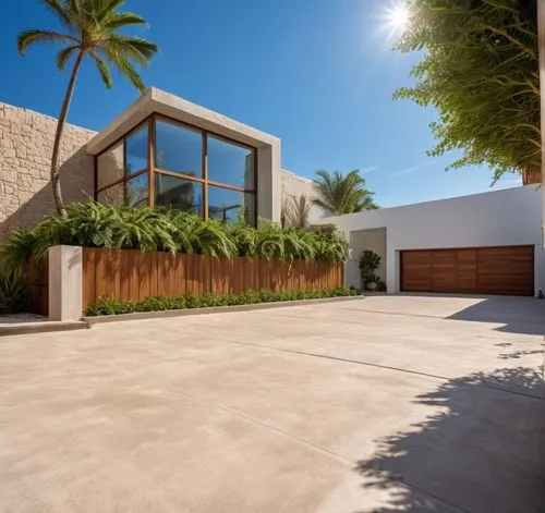 DISEÑO EXTERIOR DE UN DEL ACCESO A UNA RESIDENCIA, UBICADA EN UNA PRIVADA, CON UNA  CALLE DE CONCRETO ESTAMPADO, LA BARDA CON JARDINERA DE FORMIO, PLANTAS Y FLORES COLGANDO DE LA BARDA, PORTON DE ACCE