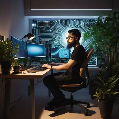 man with a computer,blur office background,cybertrader,computerologist,deskjet,working space,night administrator,sysadmin,cybercriminals,in a working environment,ergonomics,programmer,forest workplace,technologist,ergonomic,inntrepreneur,computer business,computer freak,computer room,freelancer,Illustration,Japanese style,Japanese Style 20