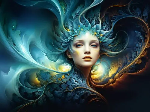 amazing fractal,a woman in a blue dress with flowers on her head,sirena,blue enchantress,medusa,naiad,fathom,sirene,Illustration,Realistic Fantasy,Realistic Fantasy 15