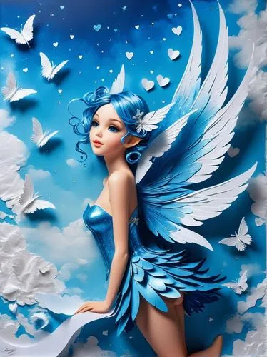 (Folding paper artwork by Loish:1.25), (the blue stuff what blue fantasy dreamworlds are made of), 💙💙💙, (a glistening+sparkling BLUE sky_fairy with wings, flying in the sky:1.5) of (white_paper_hea