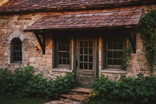 Rustic Wisconsin farmhouse, reclaimed wooden doors, distressed finishes, vintage metalware, antique lanterns, worn brick walls, overgrown with ivy, old stone foundations, wooden beams, copper roofing,