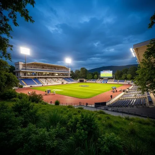 Sports stadium, grandstand seating, lush green grass, athletic tracks, scoreboard displays, floodlighting, evening atmosphere, soft warm glow, shallow depth of field, 3/4 composition, panoramic view, 