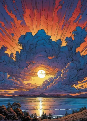 incredible sunset over the lake,coast sunset,sun,sunset,sunrise,sunrise in the skies,lava,mountain sunrise,sky,acid lake,sunset glow,kaleidoscopic,painting technique,horizon,sun reflection,layer of the sun,3-fold sun,eruption,atmosphere sunrise sunrise,sunset beach,Illustration,American Style,American Style 03