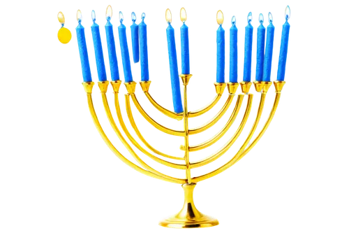 Menorah, Hanukkah celebration, 7-branched candelabrum, golden metal, intricate design, sparkling lights, blue and white colors, festive atmosphere, low-angle shot, shallow depth of field, warm lightin