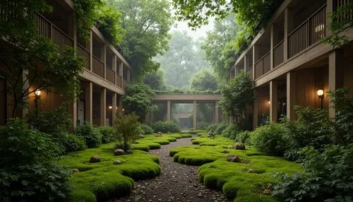 Mossy forest floor, lush greenery, misty atmosphere, natural stone walls, wooden accents, earthy tones, organic textures, soft warm lighting, shallow depth of field, 3/4 composition, panoramic view, r