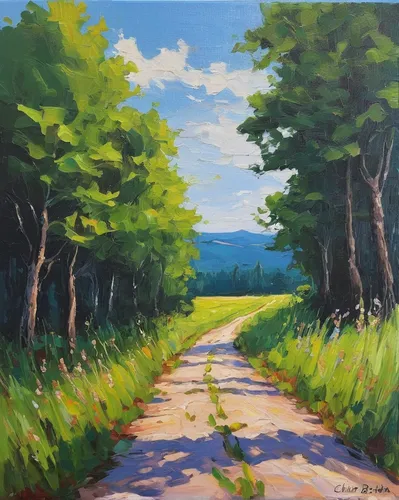 forest road,pathway,tree lined lane,maple road,maine,railroad trail,mountain road,small landscape,rural landscape,tree lined path,country road,forest landscape,fork road,forest path,row of trees,roadway,green landscape,landscape,appalachian trail,escarpment,Illustration,Paper based,Paper Based 16