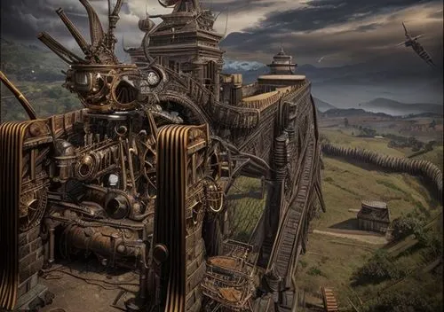 steampunk,post-apocalyptic landscape,fantasy art,fantasy landscape,fantasy picture,threshing,mountain settlement,pirate ship,straw carts,castle of the corvin,ancient harp,wasteland,industrial landscape,witch's house,machinery,3d fantasy,deadwood,scrap yard,mining excavator,carrack,Game Scene Design,Game Scene Design,Steampunk