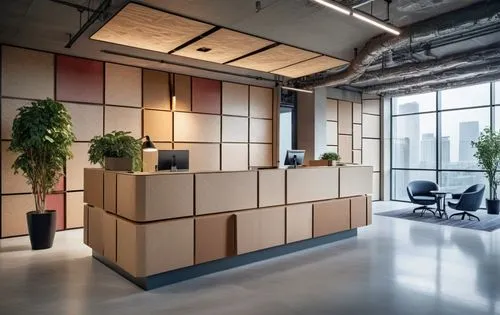 office, lobby, reception desk made of cardboard, eco-friendly style, craft paper, ,a wood paneled office space with chairs and desk,modern office,blur office background,offices,creative office,bureaux