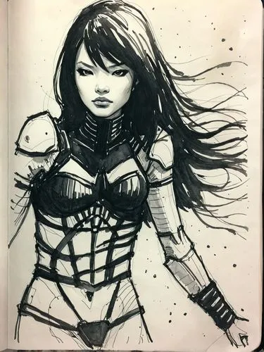 Rough hand-drawn sketch in black pen,an image of a drawing in a book,psylocke,barda,xena,tifa,kitana,magik,Illustration,Paper based,Paper Based 07