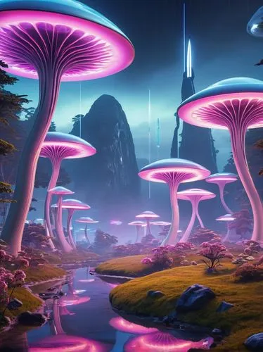 mushroom landscape,futuristic landscape,mushroom island,alien world,alien planet,mycena,fantasy landscape,club mushroom,mushrooms,mycelial,habitats,homeworlds,toadstools,ecotopia,fairy world,cosmos field,conocybe,wonderlands,cyberia,fairy forest,Art,Artistic Painting,Artistic Painting 07