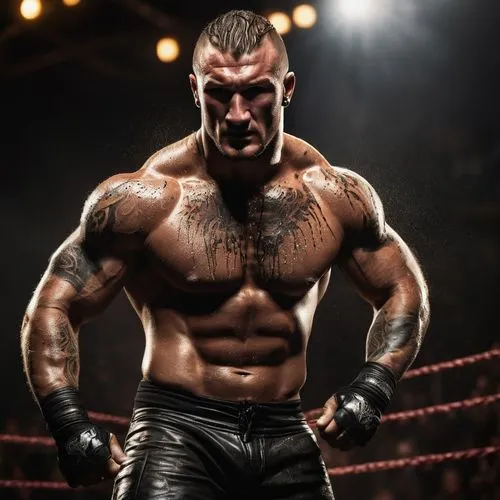 Muscular man, Randy Orton, wrestling attire, bold facial expression, intense eyes, messy blond hair, sweat droplets, rugged chest, prominent biceps, tattooed arms, wrestling boots, dramatic spotlight,