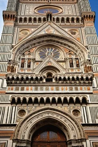 Duomo, Florence, Gothic architecture, grandeur, intricate stone carvings, terracotta tile roof, white marble facade, ornate bronze doors, stained glass windows, Renaissance style, imposing structure, 