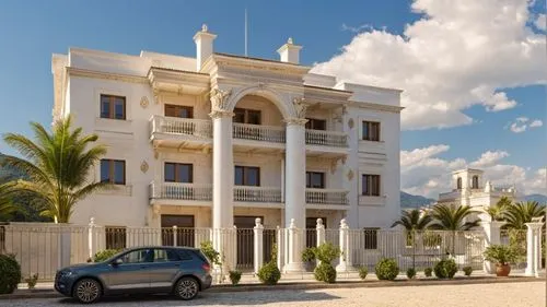 a car is parked in front of a tall, elegant building,djerba,palazzina,bendemeer estates,fresnaye,jerba,mogadishu,paradores,masseria,hotel nacional,luxury property,ritzau,villa cortine palace,villa,ora