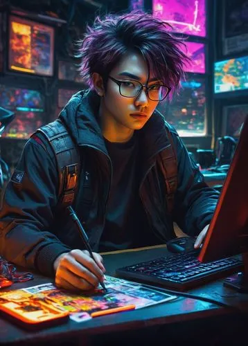 cyberpunk,man with a computer,computer addiction,computer freak,girl at the computer,computer game,computer,laptop,computer games,computer art,night administrator,computer business,world digital painting,computer graphics,gamer,computer desk,cyber,game illustration,coder,freelancer,Illustration,Japanese style,Japanese Style 18